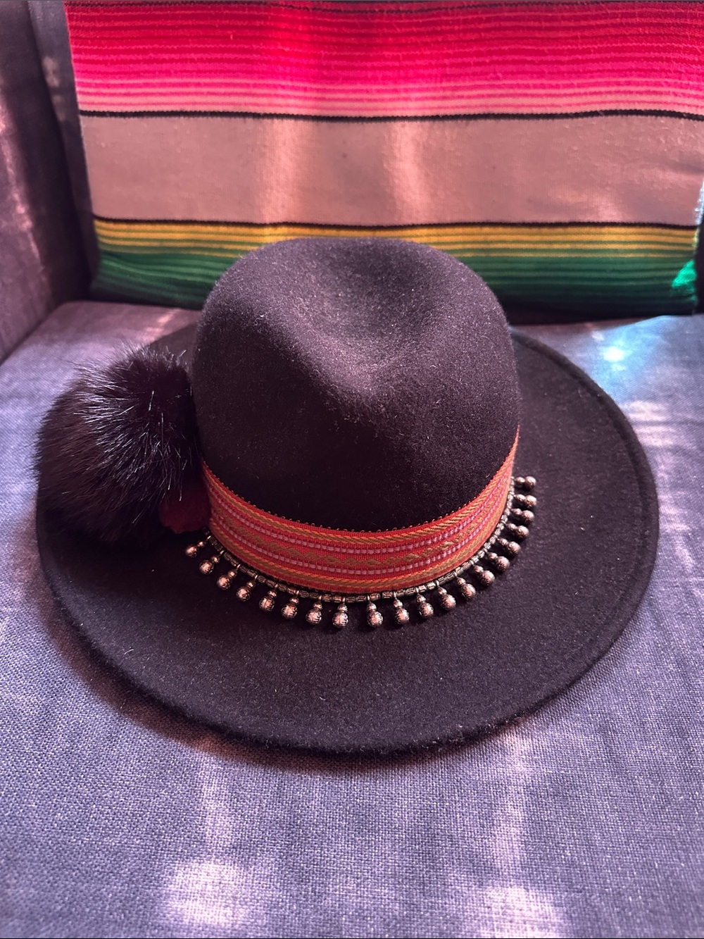 Zara Black 100% Wool Bohemian Western Hat with Pom Pom
